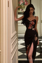Sexy Sheath Spaghetti Straps Black Floral Slit Prom Dresses Birthday Outfits