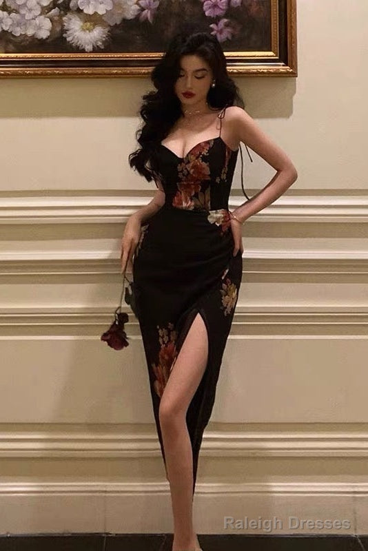 Sexy Sheath Spaghetti Straps Black Floral Slit Prom Dresses Birthday Outfits