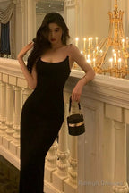 Sexy Sheath Spaghetti Straps Black Prom Dresses Birthday Outfits Evening Gown