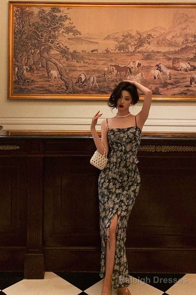 Sexy Sheath Spaghetti Straps Blue Floral Prom Dresses Birthday Outfits Evening Gown