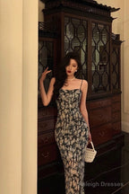 Sexy Sheath Spaghetti Straps Blue Floral Prom Dresses Birthday Outfits Evening Gown