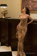 Sexy Sheath Spaghetti Straps Champagne Floral Prom Dresses Birthday Outfits