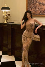 Sexy Sheath Spaghetti Straps Champagne Floral Prom Dresses Birthday Outfits