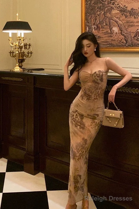 Sexy Sheath Spaghetti Straps Champagne Floral Prom Dresses Birthday Outfits