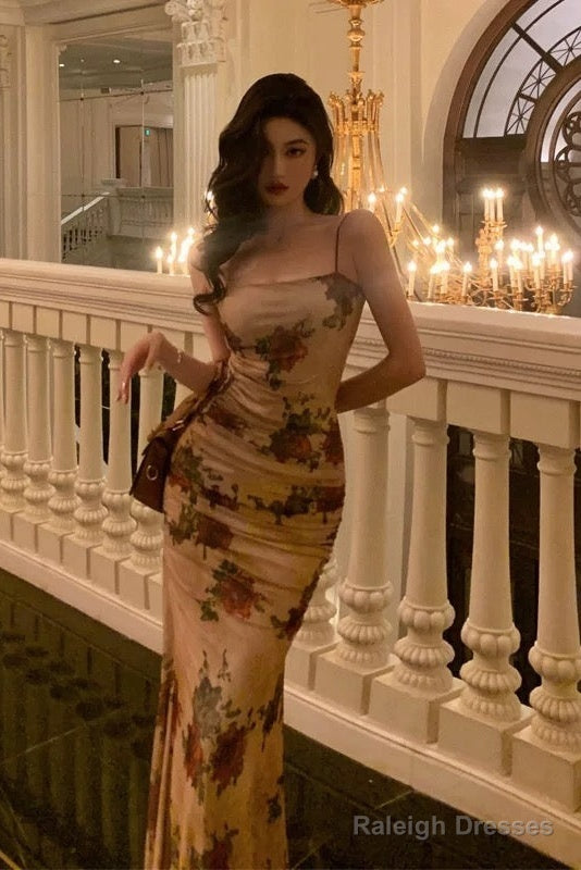 Sexy Sheath Spaghetti Straps Champagne Floral Prom Dresses Birthday Outfits Evening Gown Secondary image