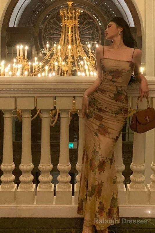 Sexy Sheath Spaghetti Straps Champagne Floral Prom Dresses Birthday Outfits Evening Gown