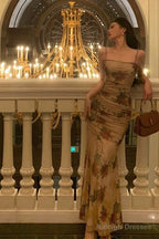 Sexy Sheath Spaghetti Straps Champagne Floral Prom Dresses Birthday Outfits Evening Gown