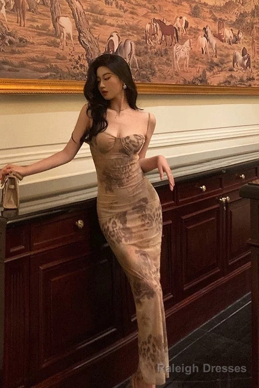 Sexy Sheath Spaghetti Straps Champagne Floral Prom Dresses Birthday Outfits Main image