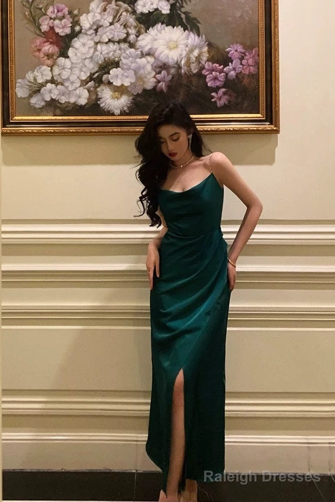 Sexy Sheath Spaghetti Straps Dark Green Satin Slit Prom Dresses Birthday Outfits