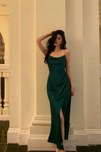 Sexy Sheath Spaghetti Straps Dark Green Satin Slit Prom Dresses Birthday Outfits