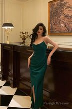 Sexy Sheath Spaghetti Straps Dark Green Satin Slit Prom Dresses Birthday Outfits