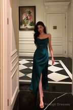 Sexy Sheath Spaghetti Straps Dark Green Satin Slit Prom Dresses Birthday Outfits