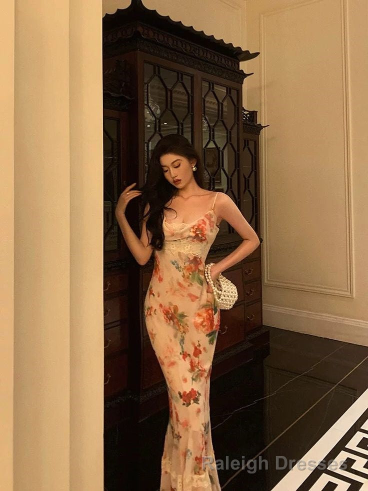 Sexy Sheath Spaghetti Straps Floral Ankle Length Prom Dresses Birthday Dress