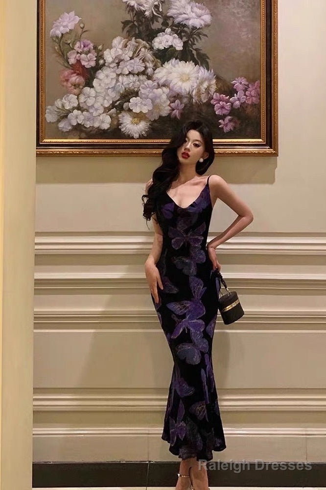 Sexy Sheath Spaghetti Straps Floral Grape Butterfly Fold Long Prom Dresses Birthday Outfits