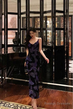 Sexy Sheath Spaghetti Straps Floral Grape Butterfly Fold Long Prom Dresses Birthday Outfits