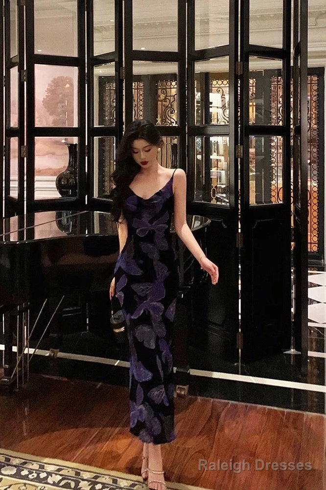 Sexy Sheath Spaghetti Straps Floral Grape Butterfly Fold Long Prom Dresses Birthday Outfits