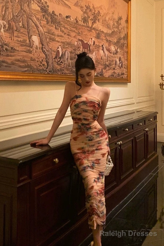 Sexy Sheath Spaghetti Straps Floral Prom Dresses Birthday Outfits Evening Gown