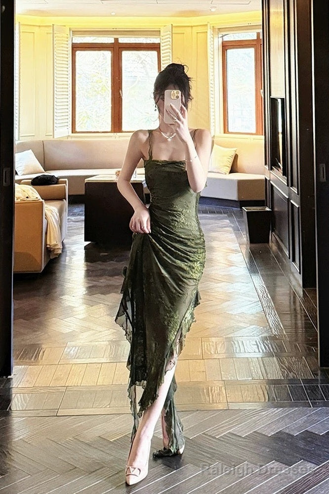 Sheath Spaghetti Straps Green Ruffles Long Prom Dresses Lace Prom Dress