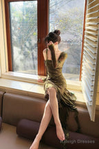 Sheath Spaghetti Straps Green Ruffles Long Prom Dresses Lace Prom Dress