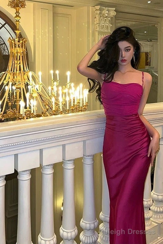 Sexy Sheath Spaghetti Straps Hot Pink Satin Prom Dresses Birthday Outfits Evening Gown Secondary image