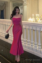 Sexy Sheath Spaghetti Straps Hot Pink Satin Prom Dresses Birthday Outfits Evening Gown