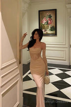 Sheath Spaghetti Straps Lace Prom Dress Long Birthday Outfits With Gloves