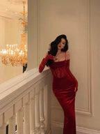 Sheath Spaghetti Straps Lace Red Velvet Prom Dress Long Birthday Outfits With Gloves