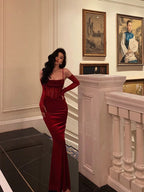 Sheath Spaghetti Straps Lace Red Velvet Prom Dress Long Birthday Outfits With Gloves