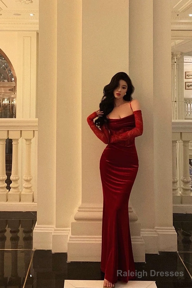 Sexy Sheath Spaghetti Straps Lace Red Velvet Long Prom Dresses Birthday Outfits With Gloves Main image