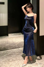 Sheath Spaghetti Straps Navy Blue Sequin Birthday Dress Prom Dresses