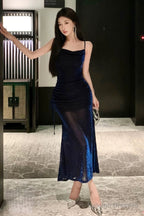 Sheath Spaghetti Straps Navy Blue Sequin Birthday Dress Prom Dresses