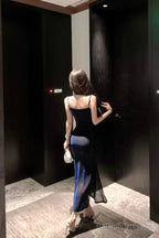Sheath Spaghetti Straps Navy Blue Sequin Birthday Dress Prom Dresses
