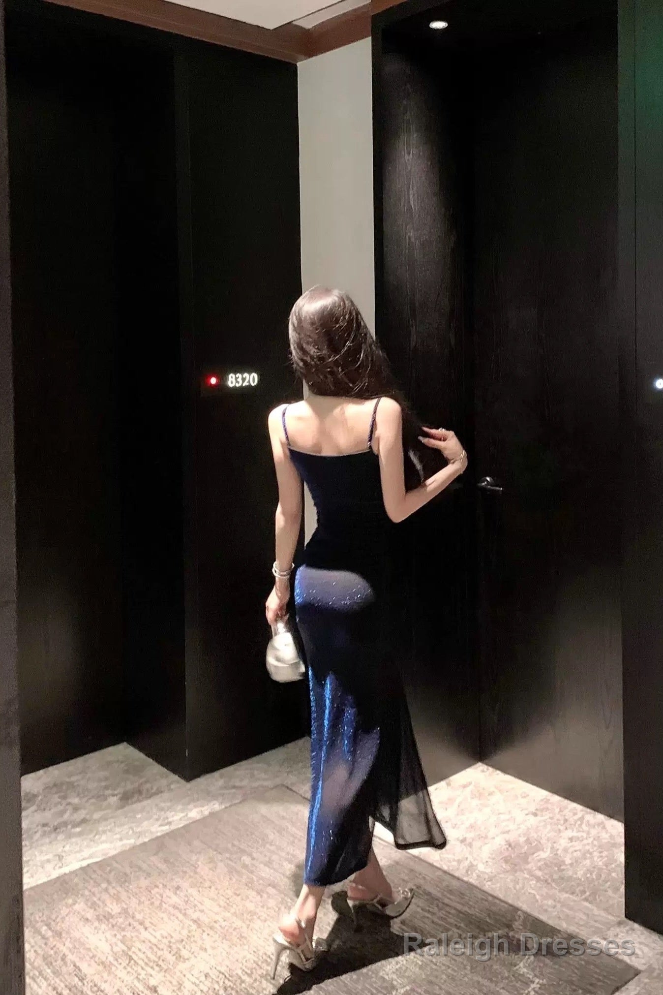 Sheath Spaghetti Straps Navy Blue Sequin Birthday Dress Prom Dresses
