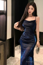 Sheath Spaghetti Straps Navy Blue Sequin Birthday Dress Prom Dresses