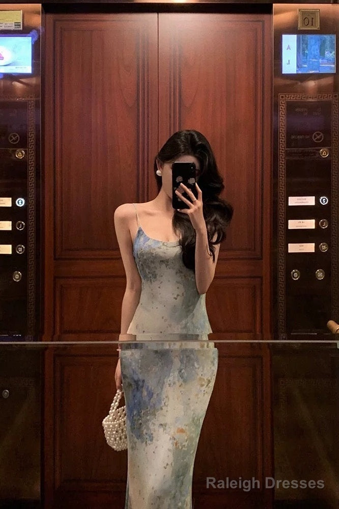 Sheath Spaghetti Straps Oil Painting Prom Dress Long Birthday Outfits