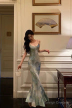 Sheath Spaghetti Straps Oil Painting Prom Dress Long Birthday Outfits