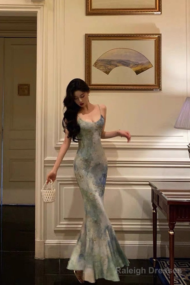 Sheath Spaghetti Straps Oil Painting Prom Dress Long Birthday Outfits
