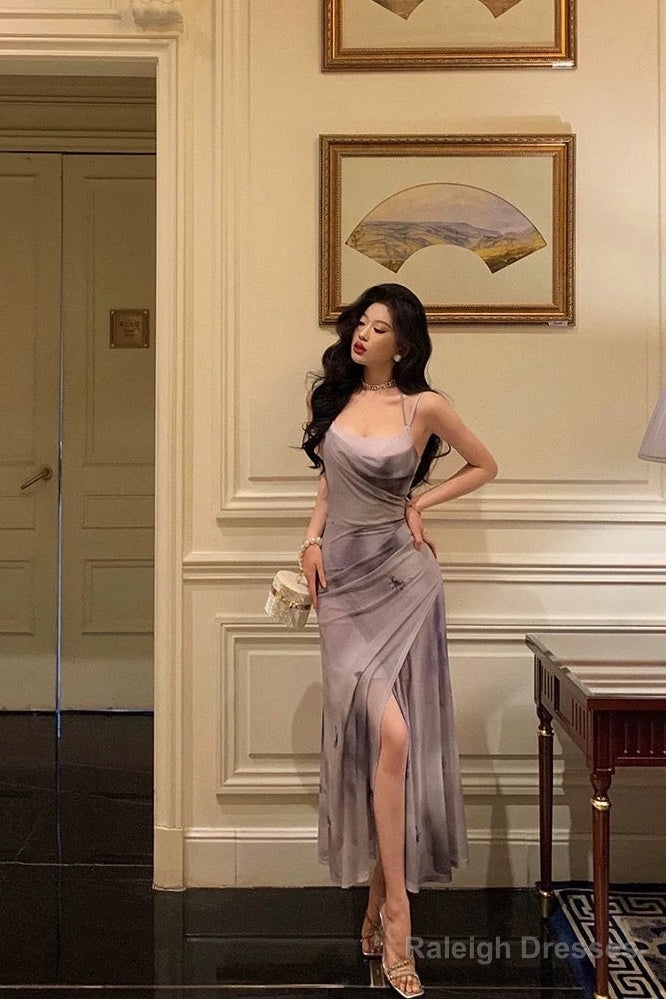 Sheath Spaghetti Straps Purple Butterfly Satin Slit Prom Dress Birthday Outfits