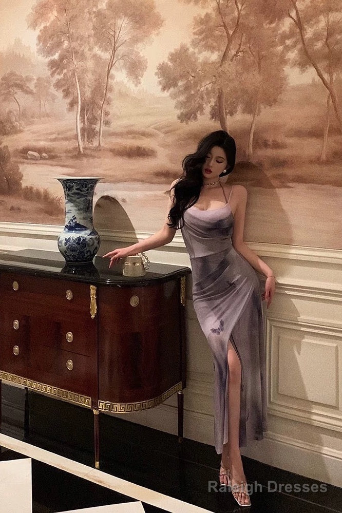 Sexy Sheath Spaghetti Straps Purple Butterfly Satin Slit Prom Dresses Birthday Outfits Main image