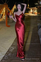 Sexy Sheath Spaghetti Straps Red Backless Satin Birthday Dresses Prom Dress