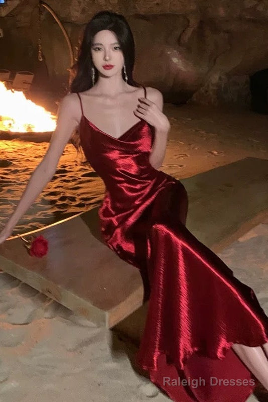 Sexy Sheath Spaghetti Straps Red Backless Satin Birthday Dresses Prom Dress