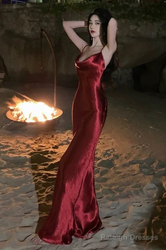 Sexy Sheath Spaghetti Straps Red Backless Satin Birthday Dresses Prom Dress Main image