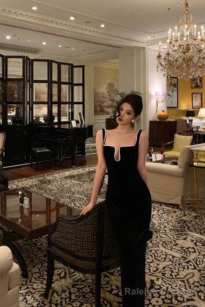 Sexy Sheath Spaghetti Straps Sleeveless Black Floor Length Prom Dresses Birthday Outfits Secondary image