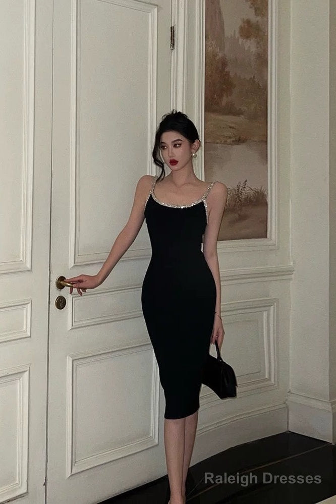 Sexy Sheath Spaghetti Straps Sleeveless Black Knee Length Prom Dresses Birthday Outfits Main image