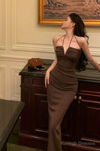 Sexy Sheath Spaghetti Straps Sleeveless Brown Ankle Length Prom Dresses Birthday Outfits