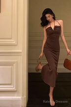 Sexy Sheath Spaghetti Straps Sleeveless Brown Ankle Length Prom Dresses Birthday Outfits