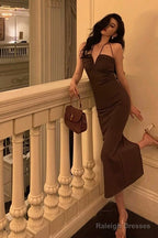 Sexy Sheath Spaghetti Straps Sleeveless Brown Ankle Length Prom Dresses Birthday Outfits