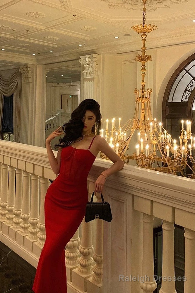 Sexy Sheath Spaghetti Straps Sleeveless Red Date Night Dress Prom Dresses Birthday Outfits