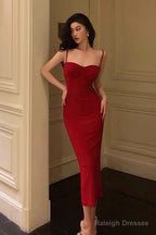Sexy Sheath Spaghetti Straps Sleeveless Red Tea Length Prom Dresses Birthday Outfits