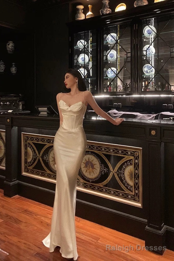 Sheath Spaghetti Straps White Prom Dress Long Birthday Outfits